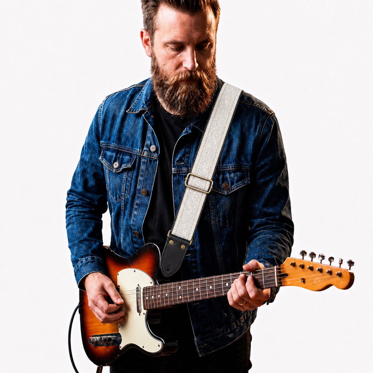 Elegant Paisley Guitar Strap with Black Leather Ends