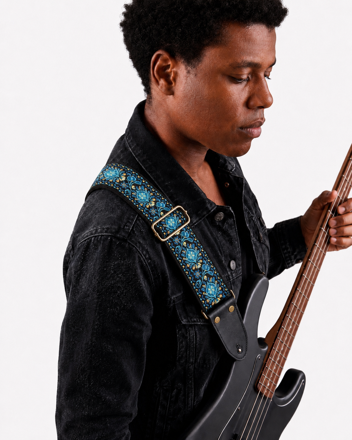 Turquoise Floral Guitar Strap with Gold Hardware