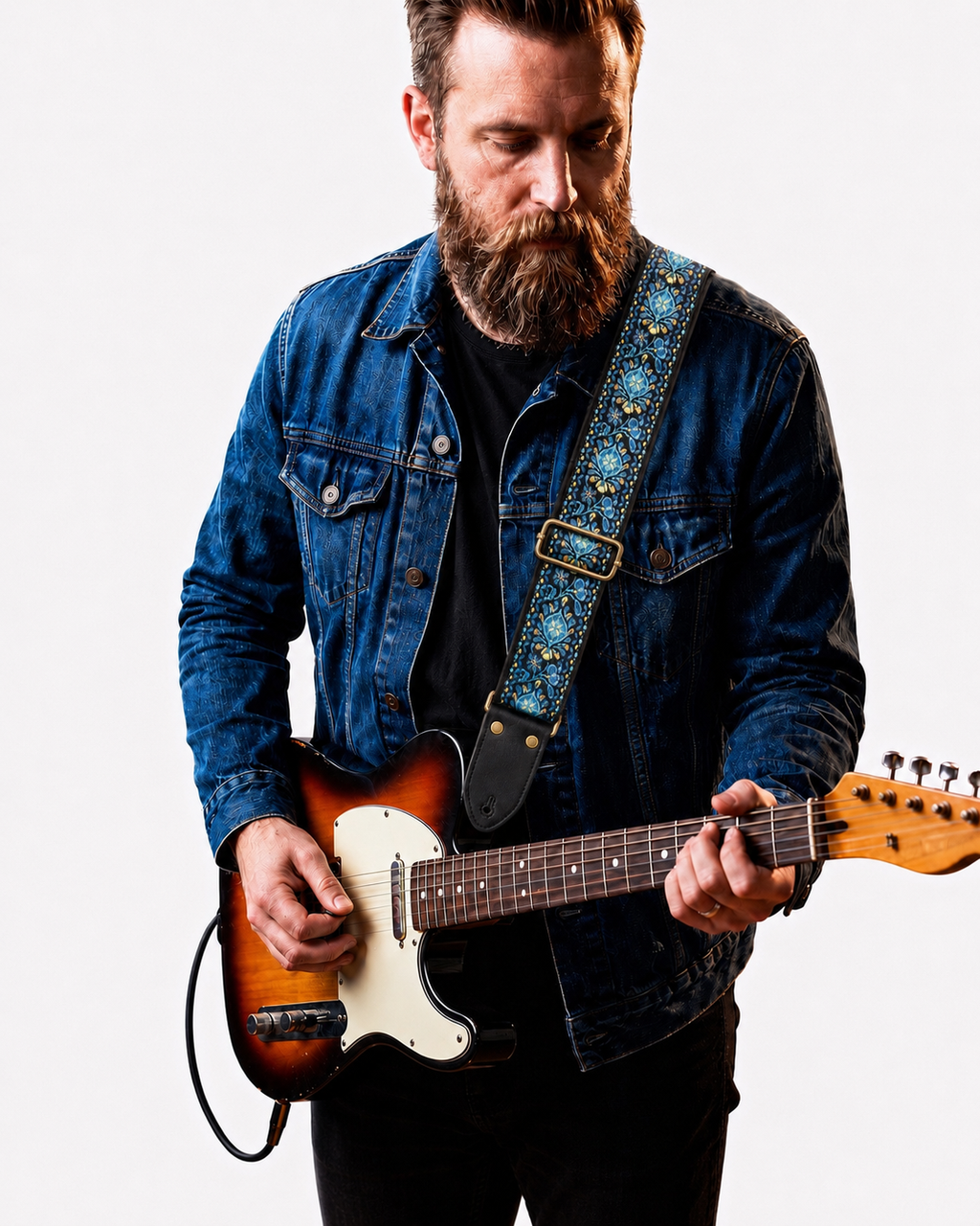 Turquoise Floral Guitar Strap with Gold Hardware