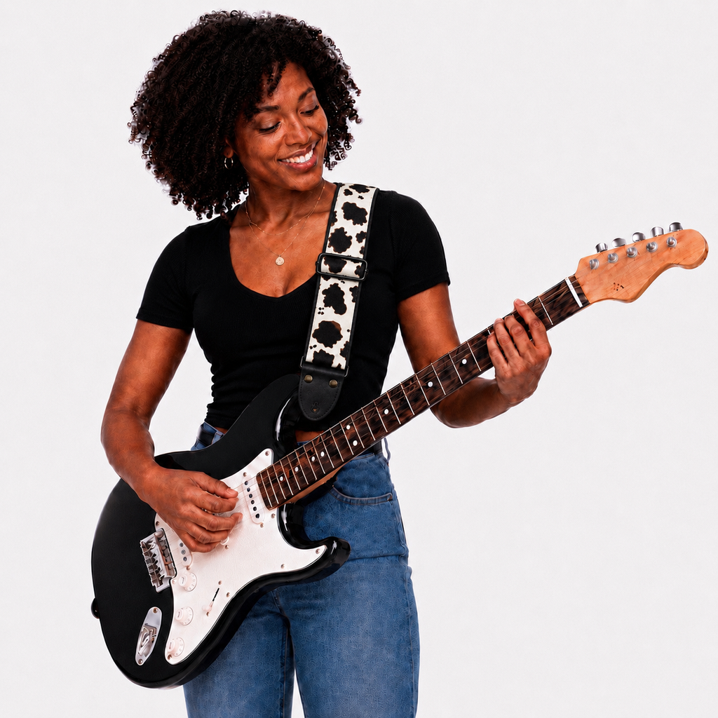 Dalmatian Print Guitar Strap with Black Leather Ends