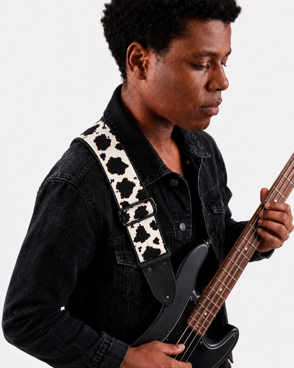 Dalmatian Print Guitar Strap with Black Leather Ends