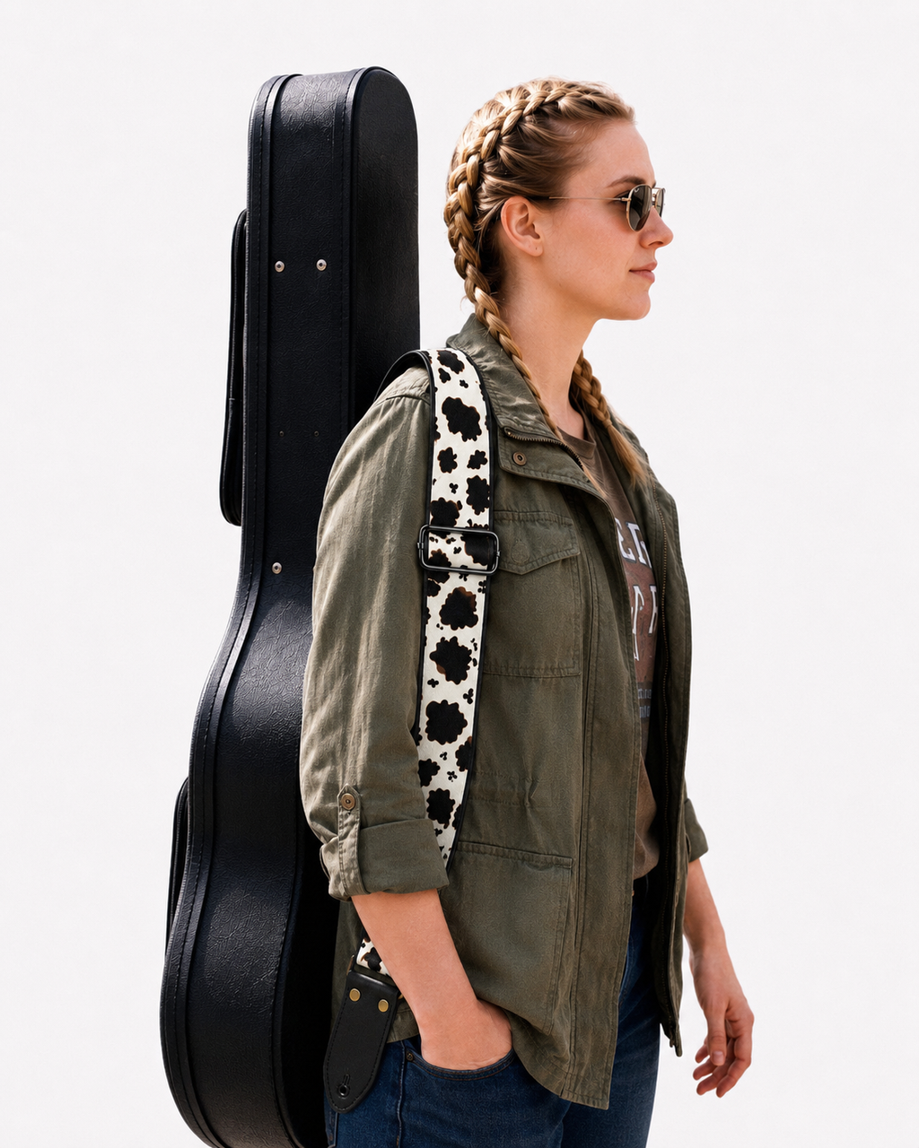Dalmatian Print Guitar Strap with Black Leather Ends