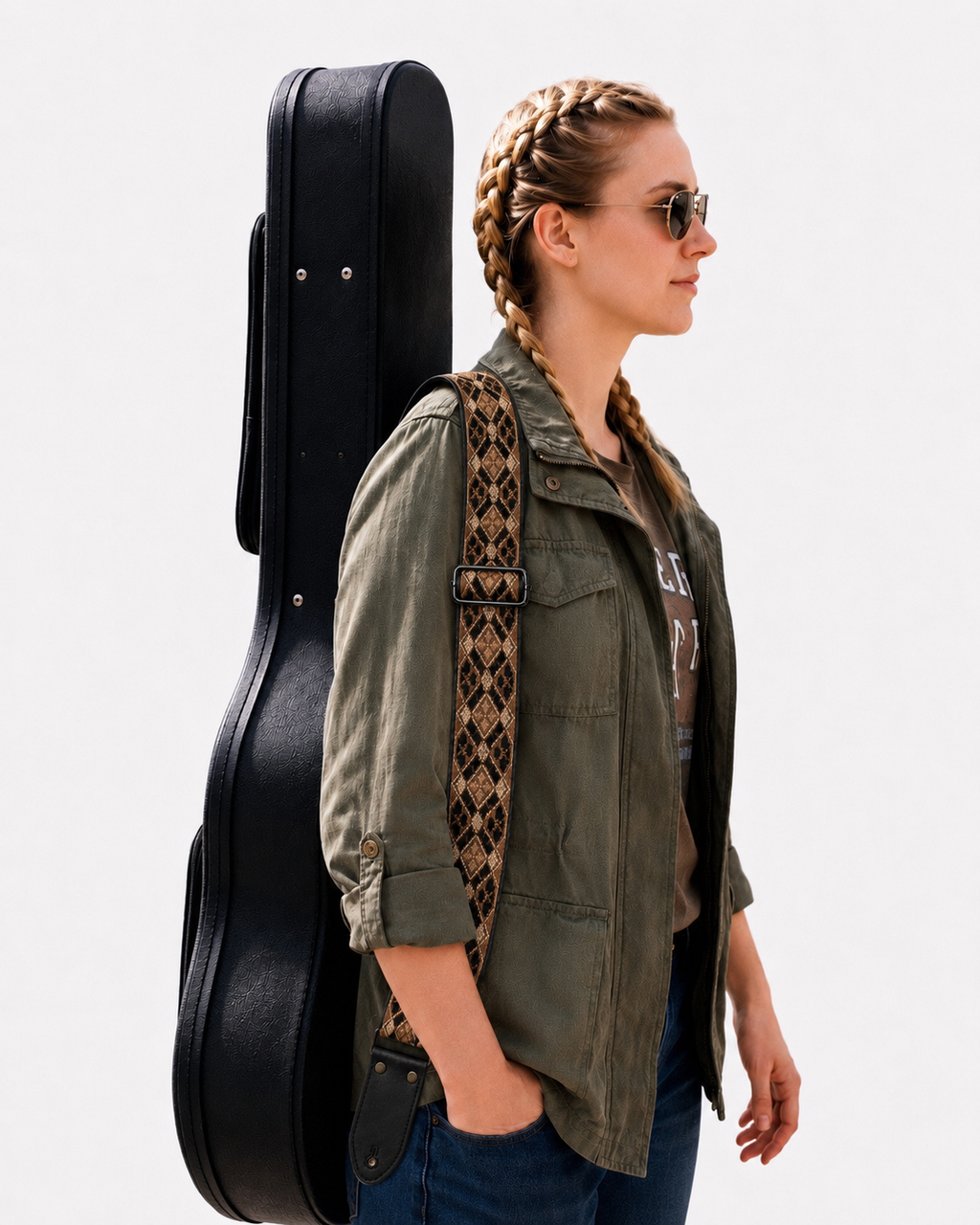 Brown Geometric Guitar Strap with Black Leather Ends