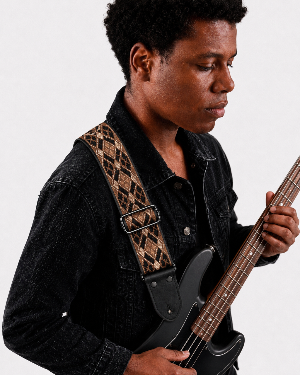 Brown Geometric Guitar Strap with Black Leather Ends