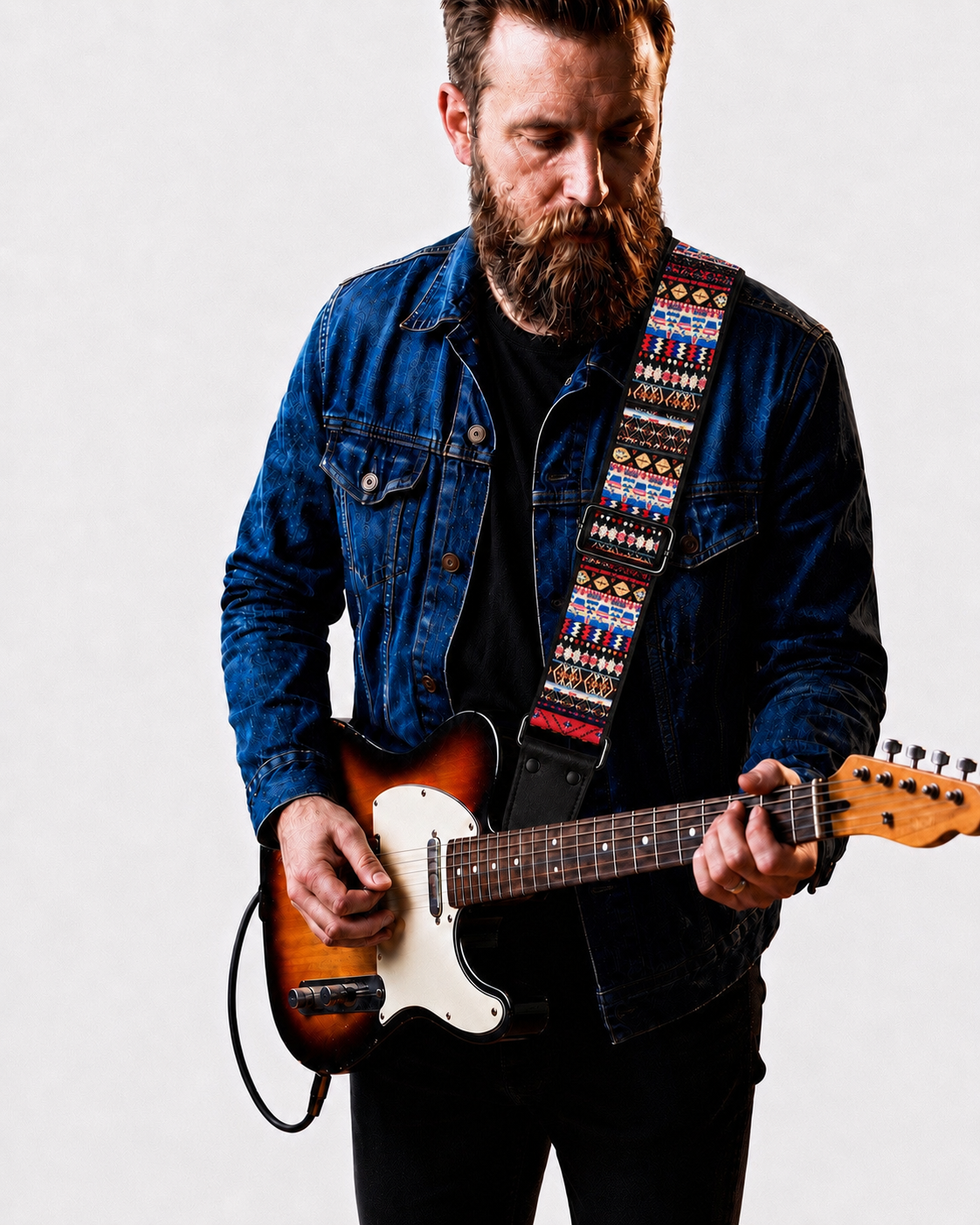 Southwestern Pattern Guitar Strap with Black Leather Ends