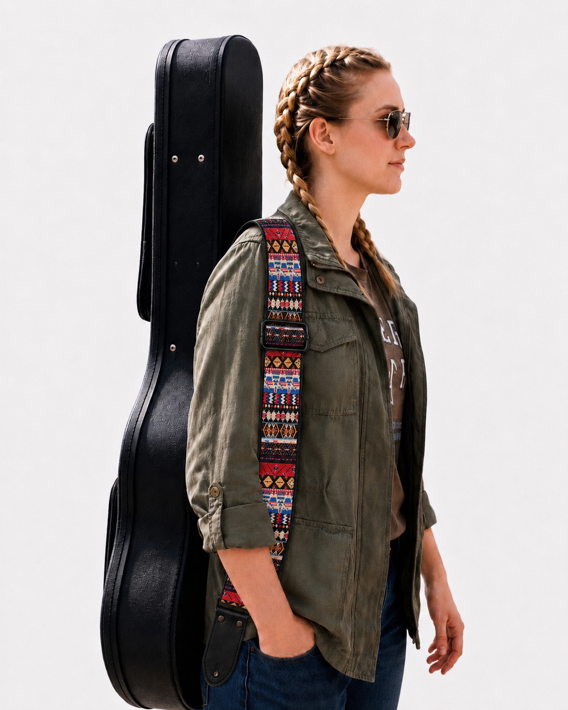 Southwestern Pattern Guitar Strap with Black Leather Ends