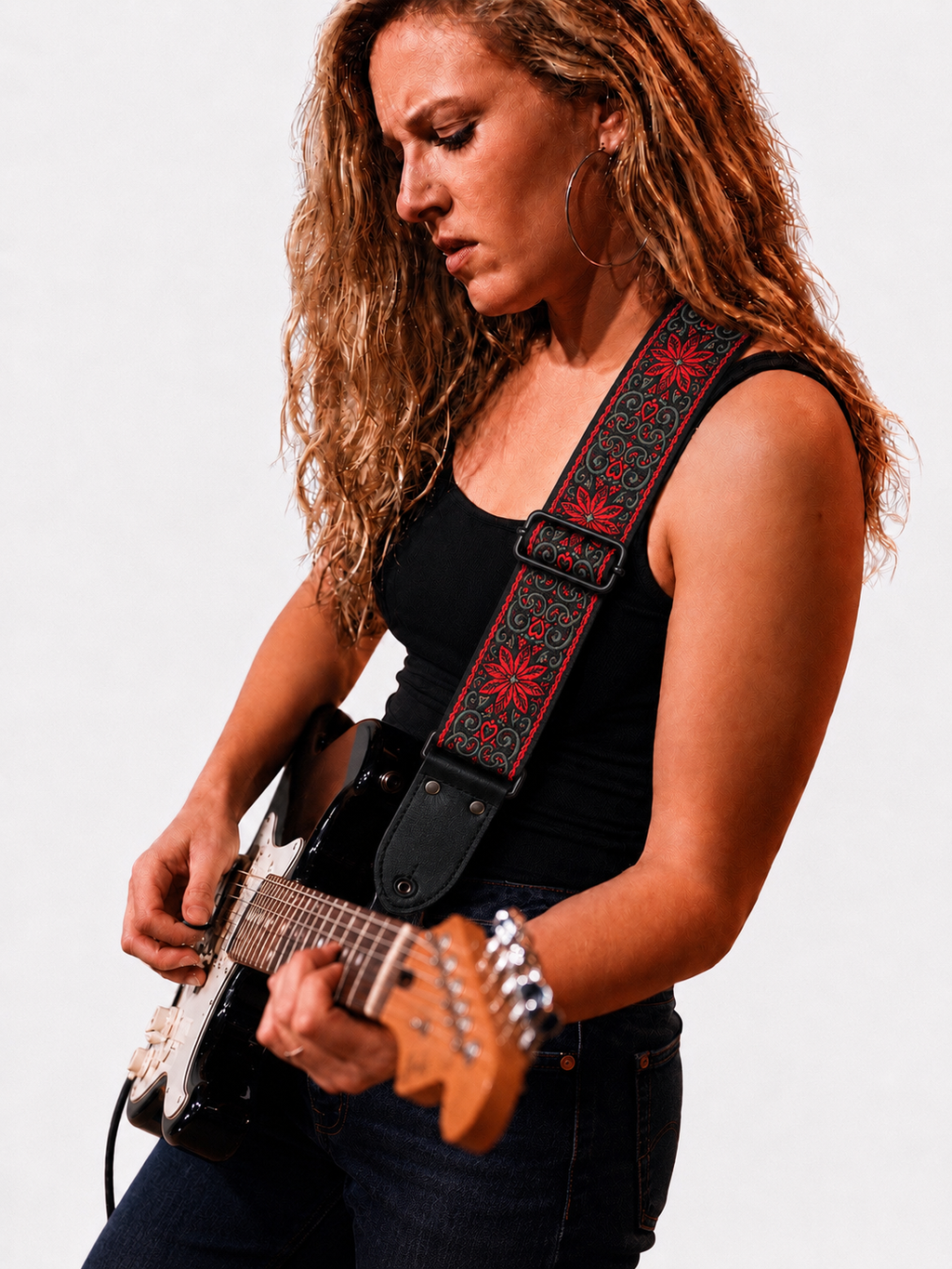Red Floral Guitar Strap