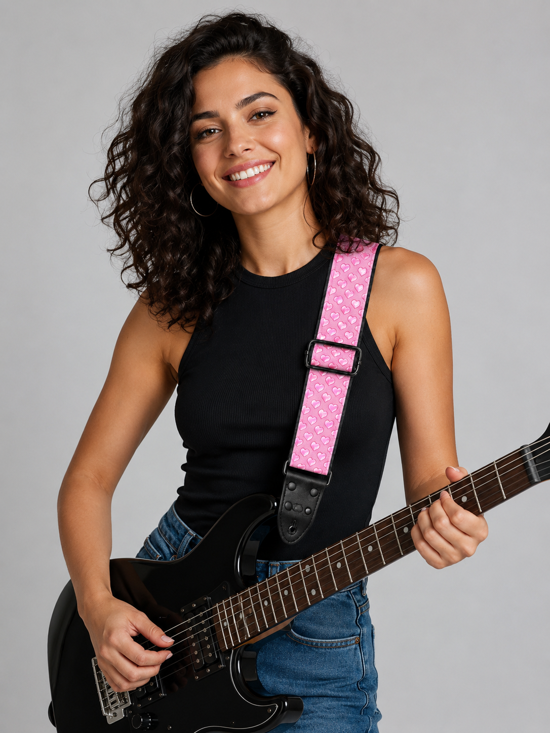 Pink Heart Guitar Strap with Black Leather Ends