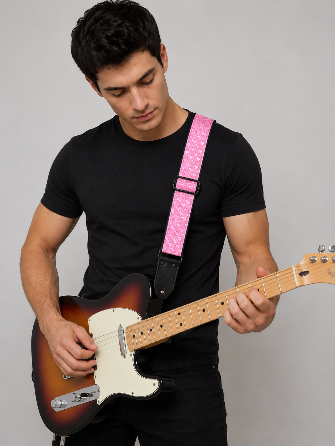 Pink Heart Guitar Strap with Black Leather Ends
