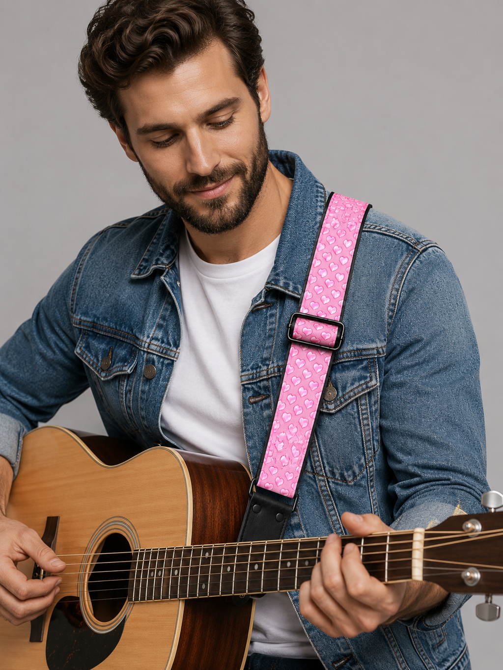 Pink Heart Guitar Strap with Black Leather Ends