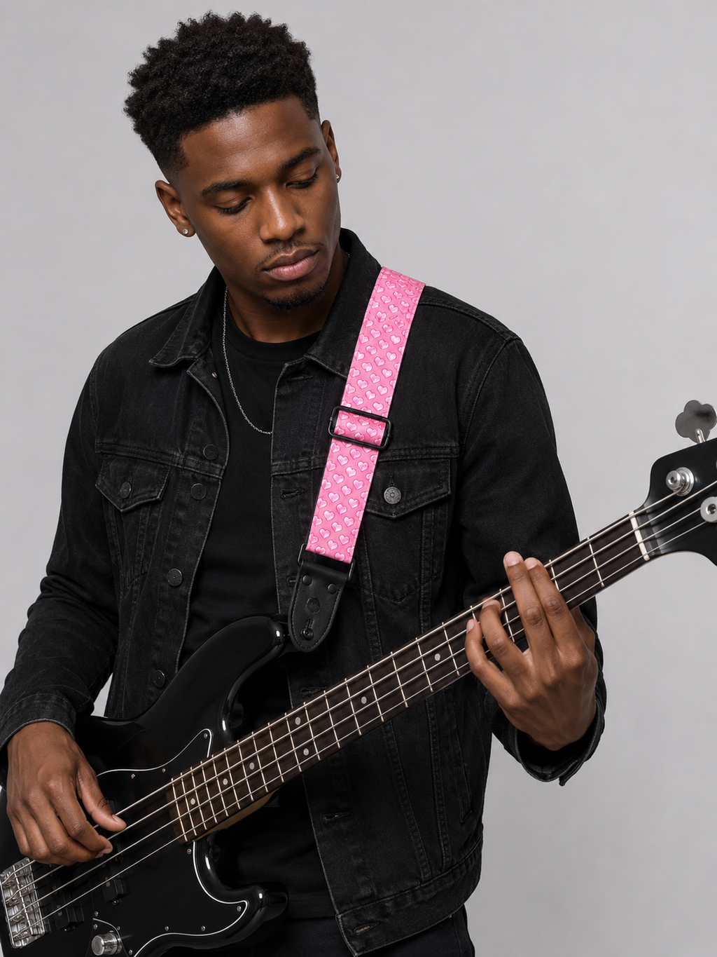 Pink Heart Guitar Strap with Black Leather Ends