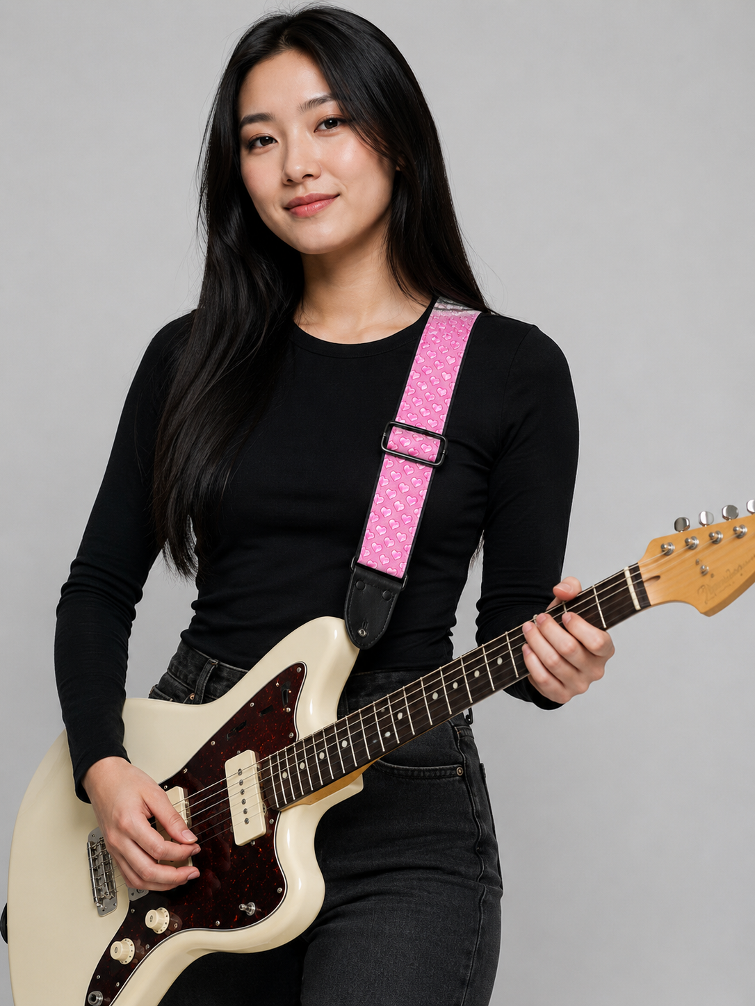 Pink Heart Guitar Strap with Black Leather Ends