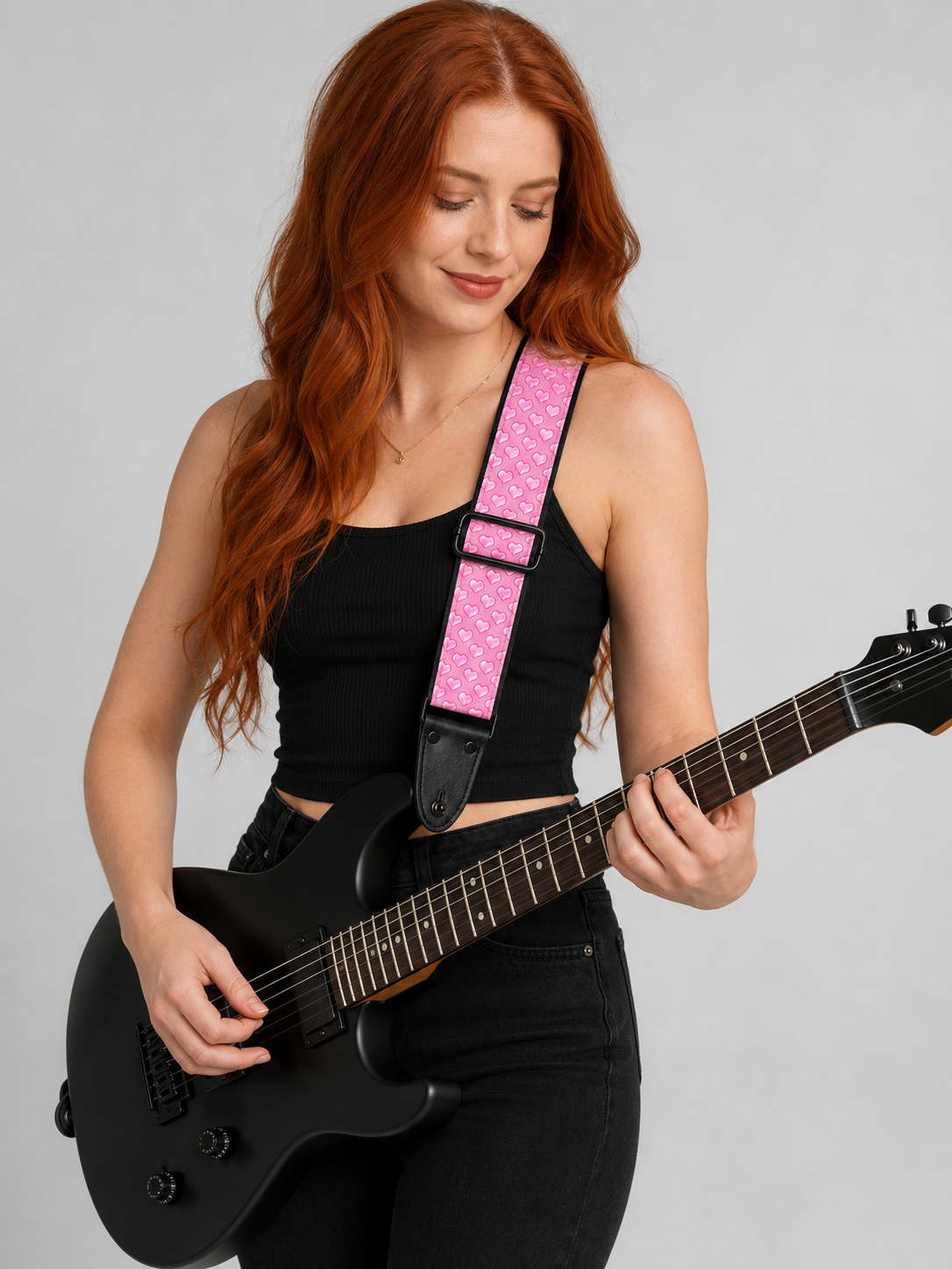 Pink Heart Guitar Strap with Black Leather Ends