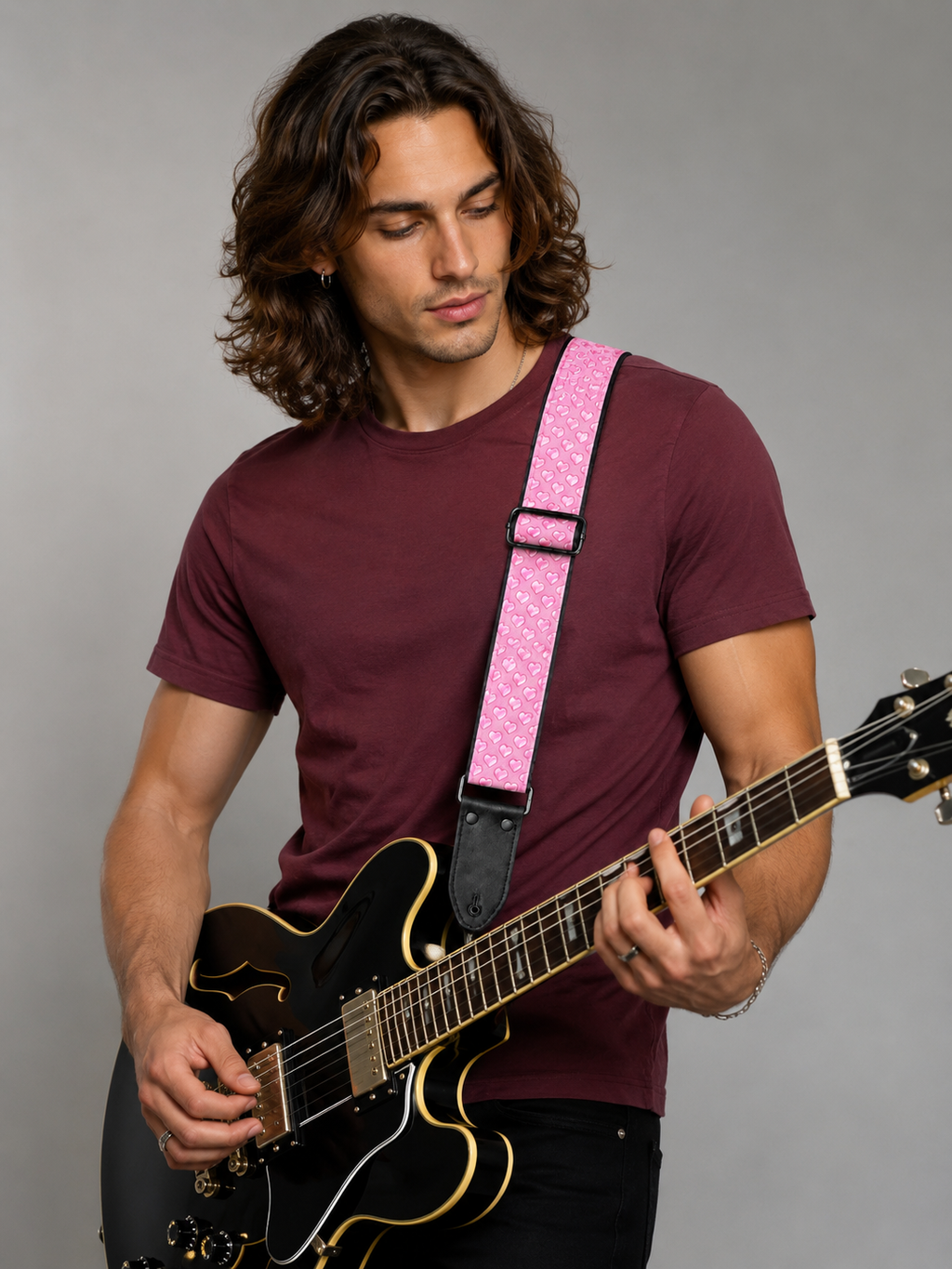 Pink Heart Guitar Strap with Black Leather Ends