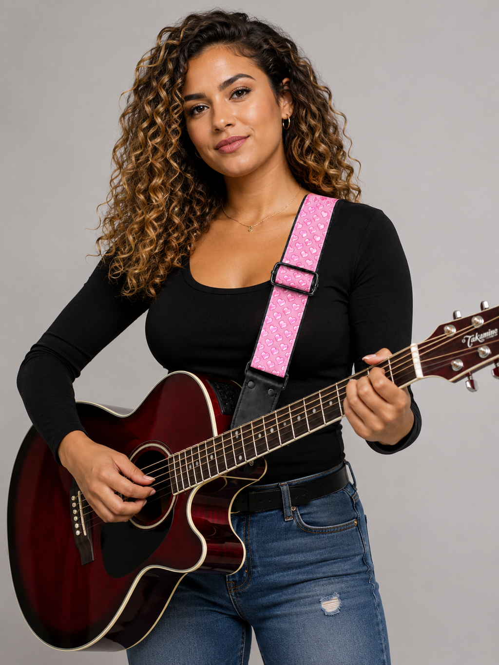 Pink Heart Guitar Strap with Black Leather Ends