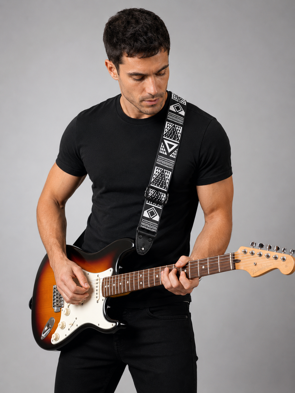Black and White Geometric Guitar Strap
