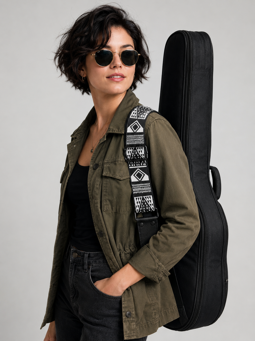 Black and White Geometric Guitar Strap