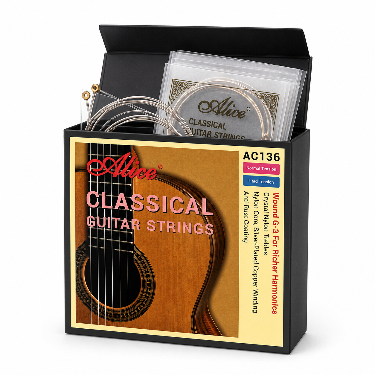 Alice AC136 Classical Guitar Strings Nylon Set with Wound G-3 for Richer Harmonics
