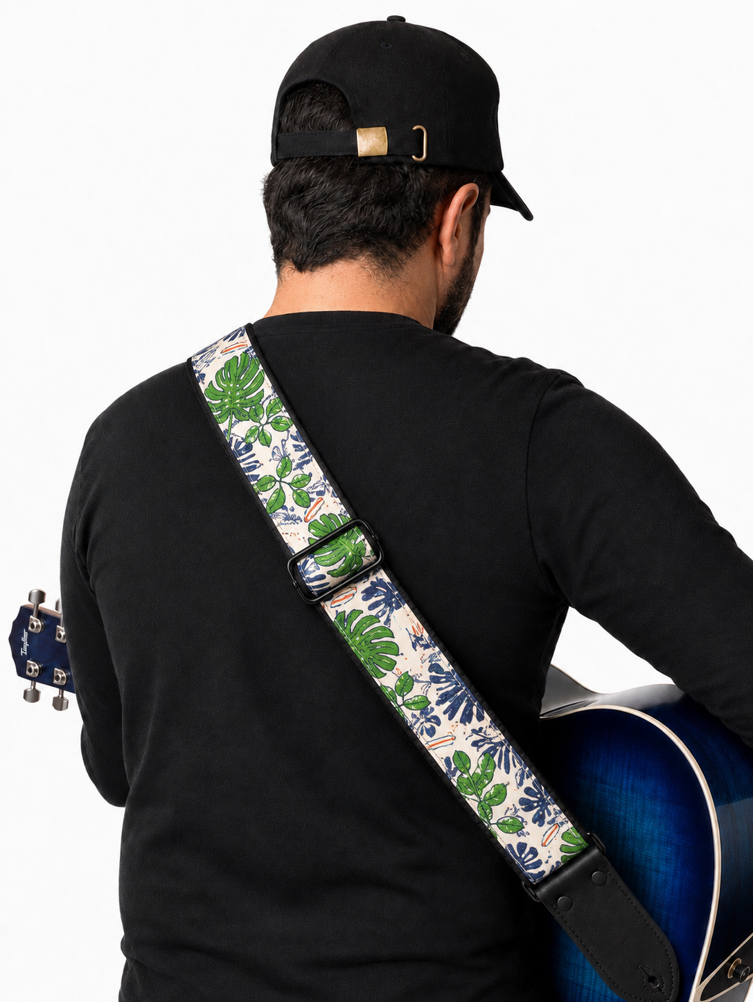 Tropical Leaf Guitar Strap with Black Leather Ends