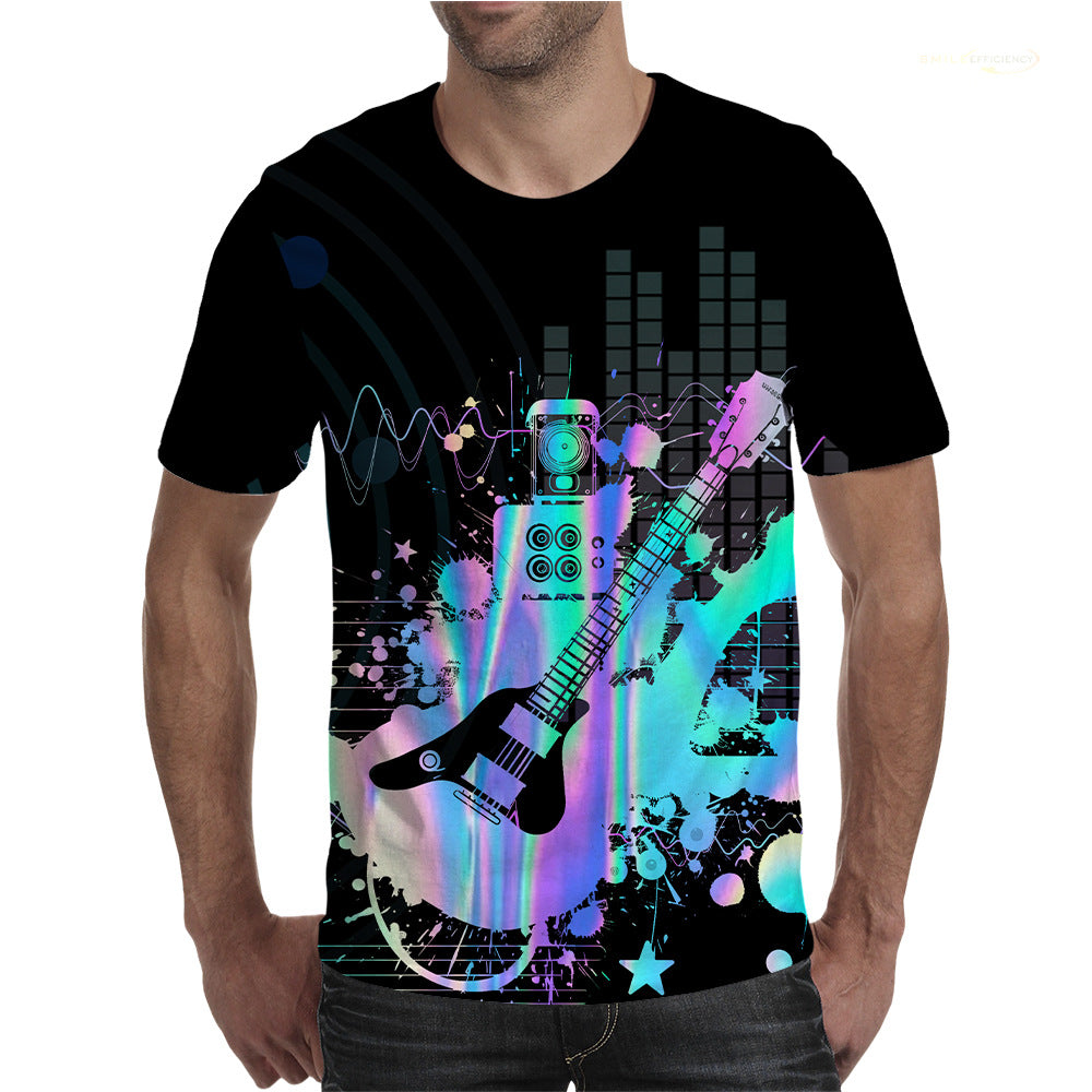 Summer New T-shirt Men's Mesh Short-sleeveD 3D Guitar Graffiti PrinteD RounD Neck StuDent Couple Loose TrenDy BranD Clothing