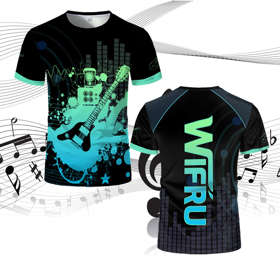 Summer New T-shirt Men's Mesh Short-sleeveD 3D Guitar Graffiti PrinteD RounD Neck StuDent Couple Loose TrenDy BranD Clothing