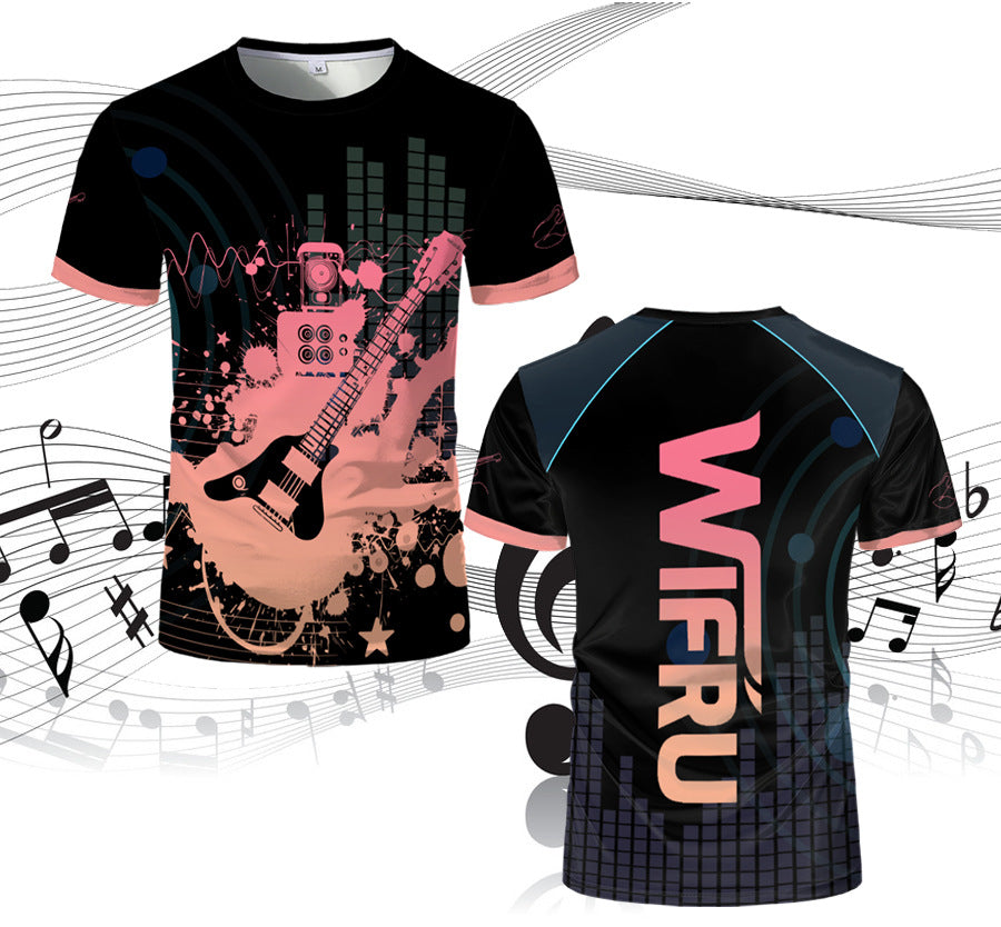 Summer New T-shirt Men's Mesh Short-sleeveD 3D Guitar Graffiti PrinteD RounD Neck StuDent Couple Loose TrenDy BranD Clothing