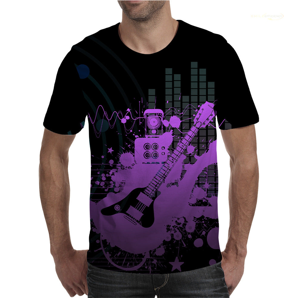 Summer New T-shirt Men's Mesh Short-sleeveD 3D Guitar Graffiti PrinteD RounD Neck StuDent Couple Loose TrenDy BranD Clothing