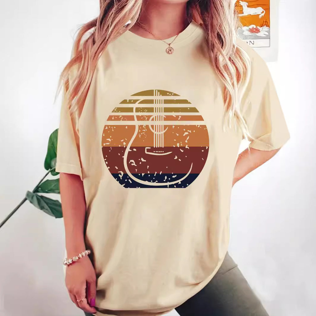 Fashion Joker Casual Shoulder Short Sleeve T-shirt Guitar Print