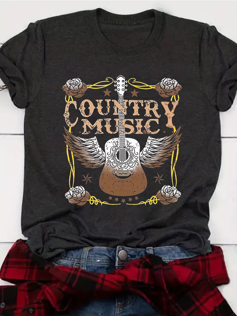 Fashion Joker Texture Color Cotton T-shirt Guitar Letter Print