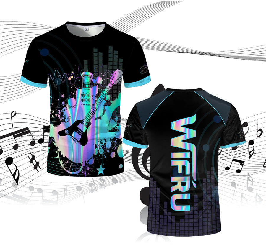 Summer New T-shirt Men's Mesh Short-sleeveD 3D Guitar Graffiti PrinteD RounD Neck StuDent Couple Loose TrenDy BranD Clothing