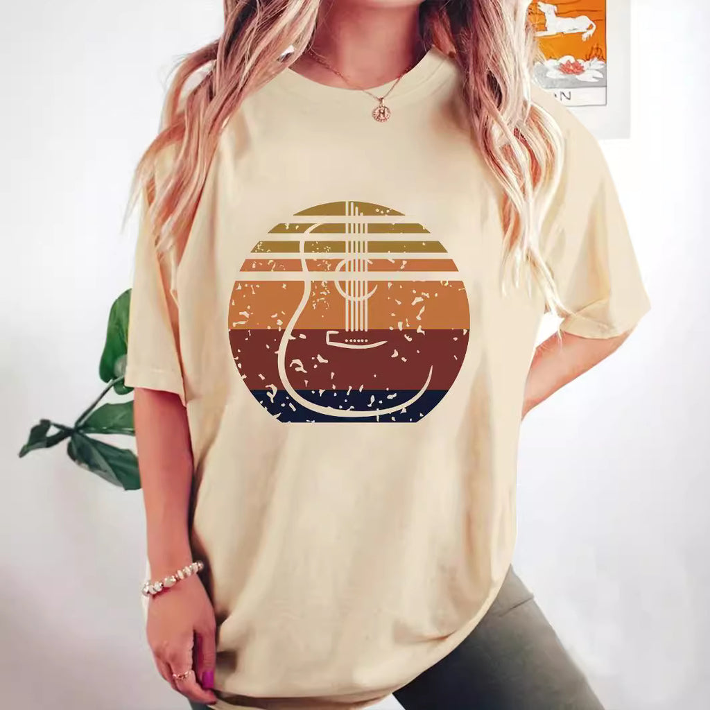 Fashion Joker Casual Shoulder Short Sleeve T-shirt Guitar Print
