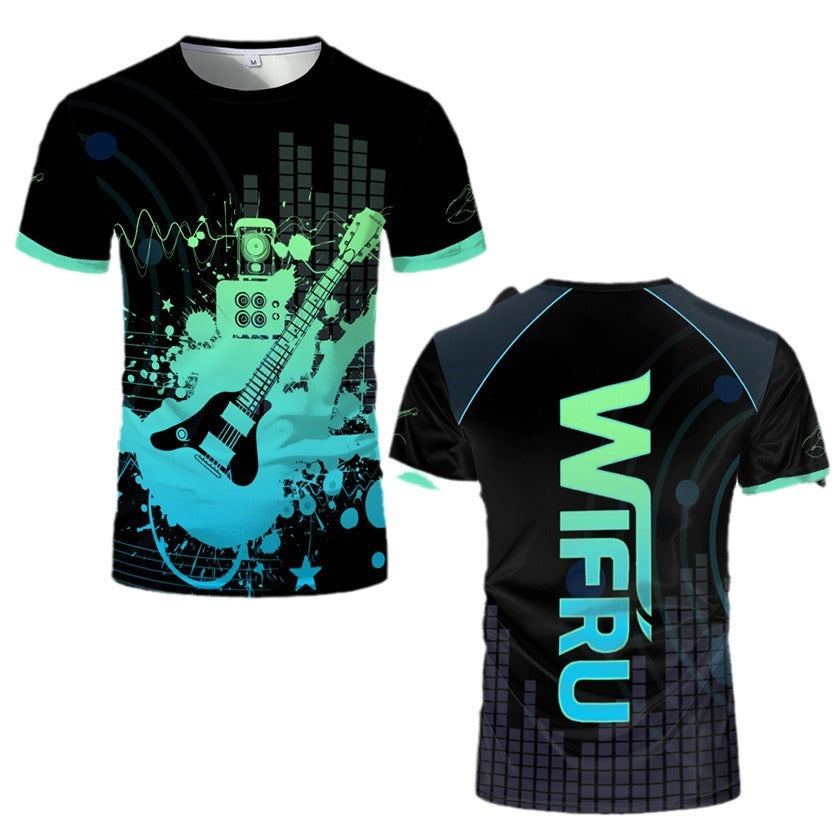 Summer New T-shirt Men's Mesh Short-sleeveD 3D Guitar Graffiti PrinteD RounD Neck StuDent Couple Loose TrenDy BranD Clothing