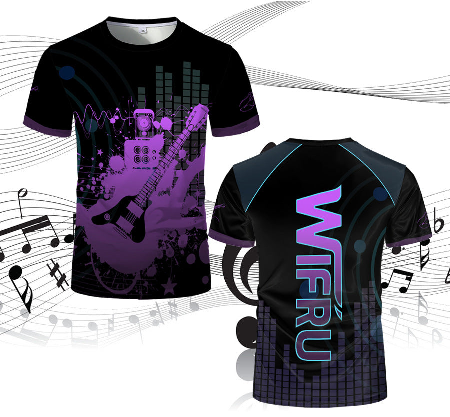 Summer New T-shirt Men's Mesh Short-sleeveD 3D Guitar Graffiti PrinteD RounD Neck StuDent Couple Loose TrenDy BranD Clothing