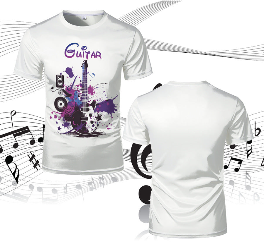 Summer New T-shirt Men's Mesh Short-sleeveD 3D Guitar Graffiti PrinteD RounD Neck StuDent Couple Loose TrenDy BranD Clothing
