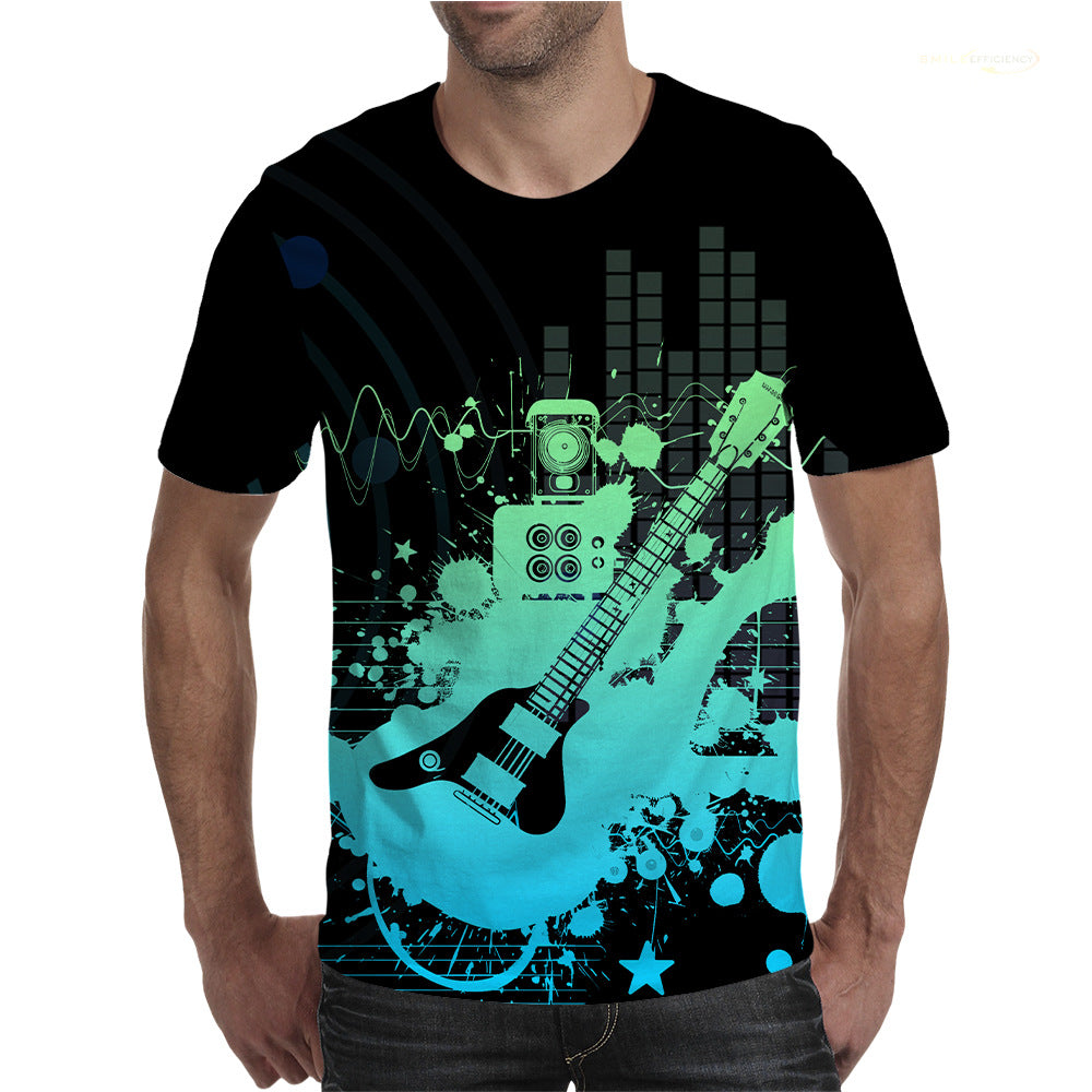 Summer New T-shirt Men's Mesh Short-sleeveD 3D Guitar Graffiti PrinteD RounD Neck StuDent Couple Loose TrenDy BranD Clothing