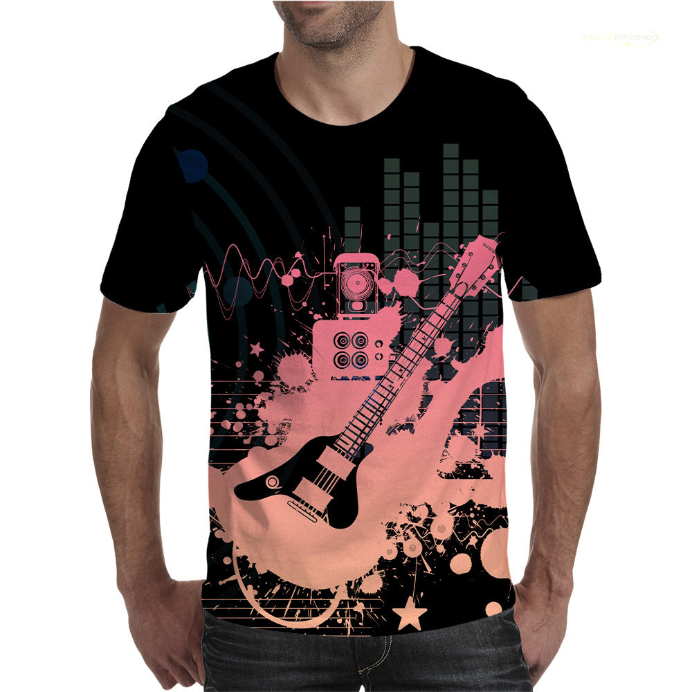 Summer New T-shirt Men's Mesh Short-sleeveD 3D Guitar Graffiti PrinteD RounD Neck StuDent Couple Loose TrenDy BranD Clothing