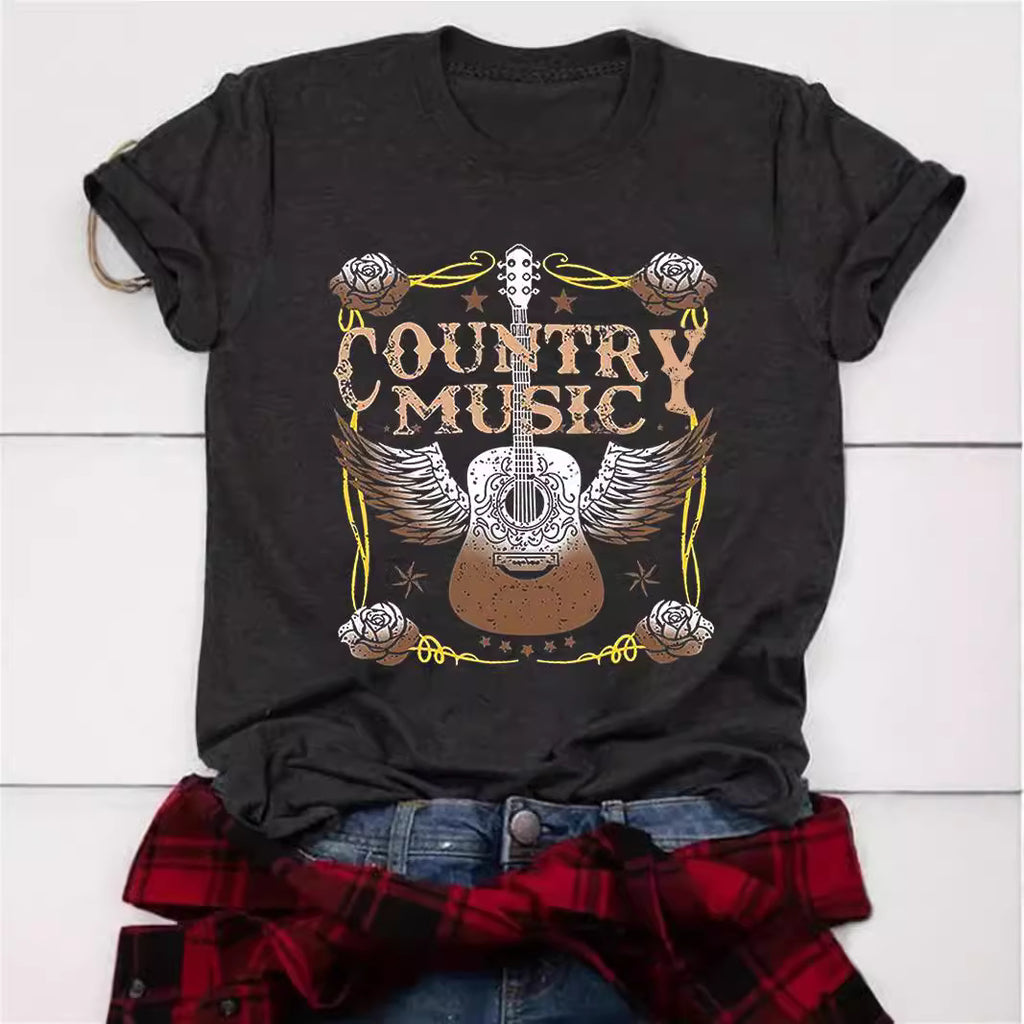 Fashion Joker Texture Color Cotton T-shirt Guitar Letter Print