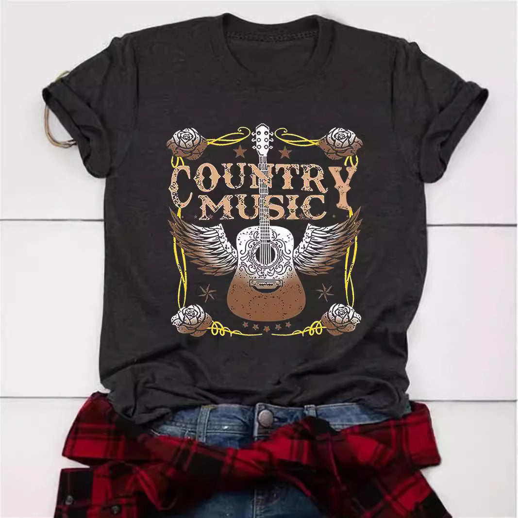 Fashion Joker Texture Color Cotton T-shirt Guitar Letter Print