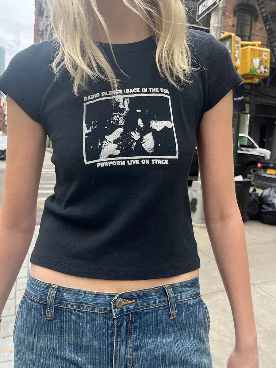 Guitar Band Print T-Shirts Round Neck Short Sleeve Vintage t shirt for Woman Summer Harajuku Streetwear Cotton Y2k Tops Clothing