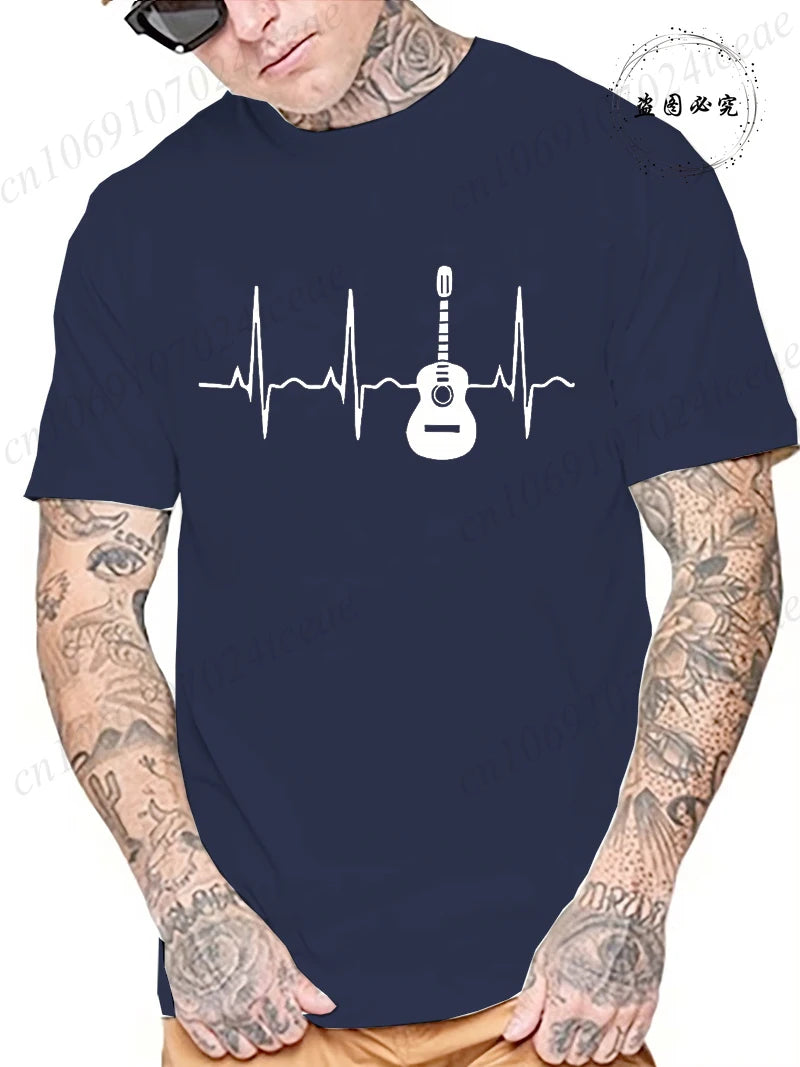 Guitar Heartbeat Men T Shirt Fashion Men's Clothing Summer Round Neck Breathable Casual Short Sleeve Fashion Tee T-Shirt Top