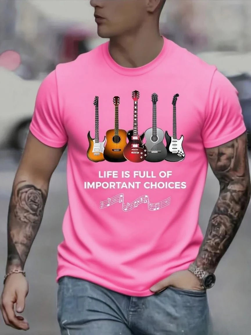 Men's Fashion Printed Guitar and Note Patterns and Letter Printed Round-neck Short-sleeved Casual T-shirt