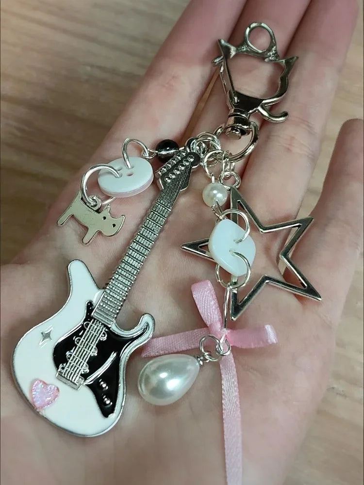 Y2K Guitar Cat Keychain – Punk Pentagram Bow Charm Bag Accessory