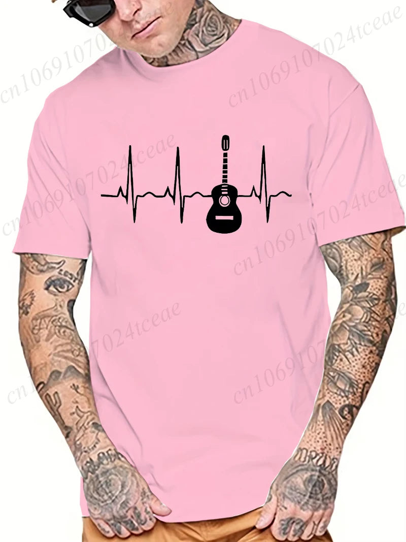 Guitar Heartbeat Men T Shirt Fashion Men's Clothing Summer Round Neck Breathable Casual Short Sleeve Fashion Tee T-Shirt Top