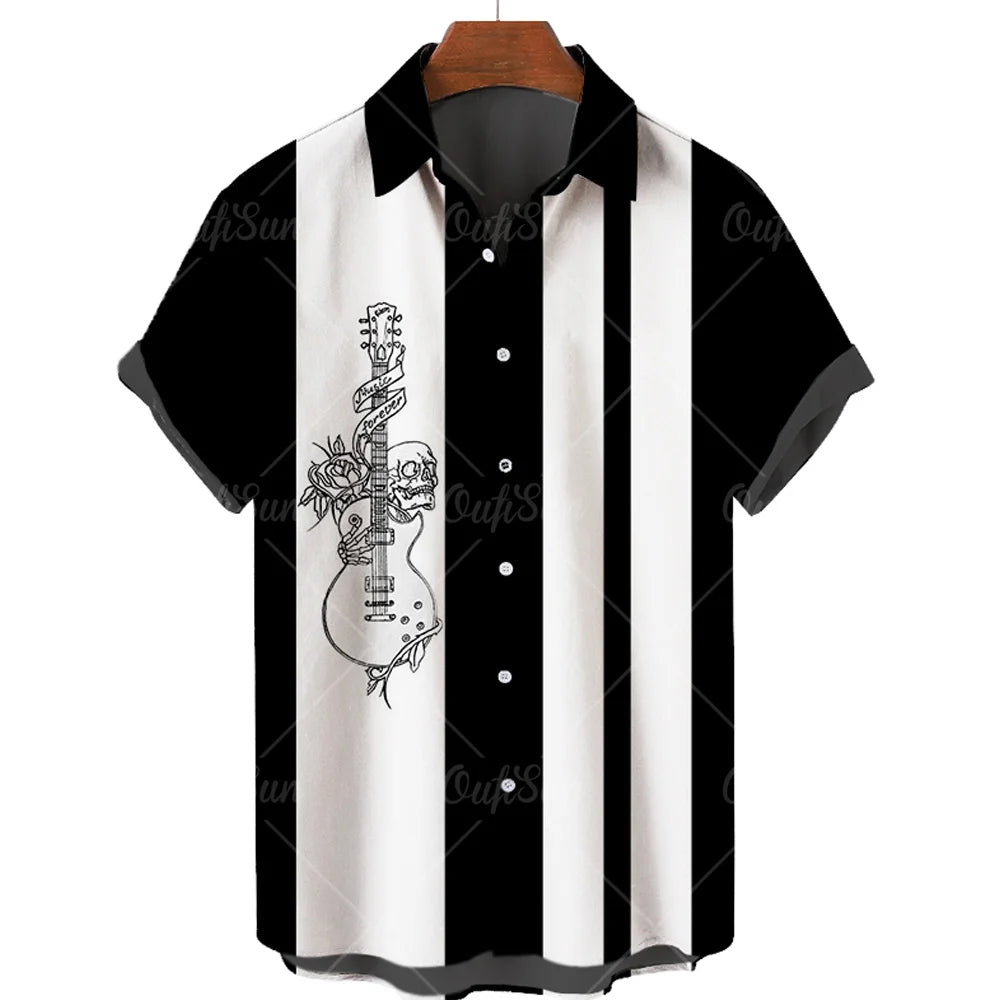 Hawaiian Shirt With Musical Guitar Print For Men, Party Short Sleeve Beach, Hip Hop, Harajuku, Large Size Top