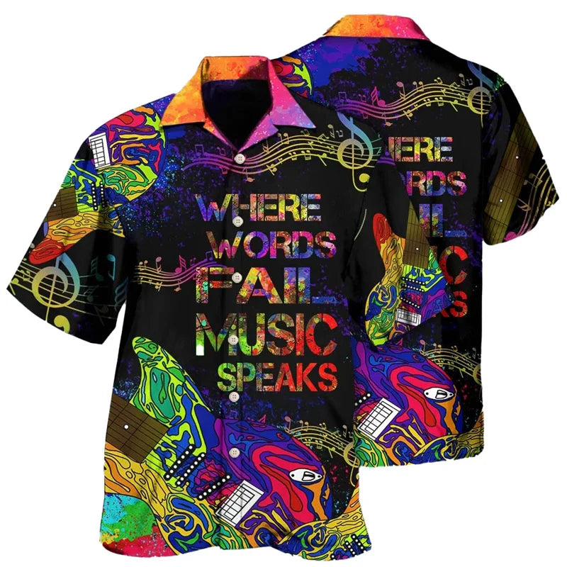 Guitar Music Graphic Hawaiian Shirt For Men Musical Instrument 3D Print Blouse Casual Short Sleeve Lapel Tops Loose Aloha Shirts