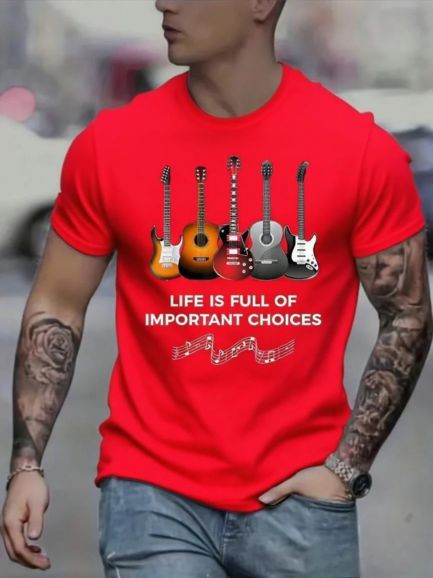 Men's Fashion Printed Guitar and Note Patterns and Letter Printed Round-neck Short-sleeved Casual T-shirt