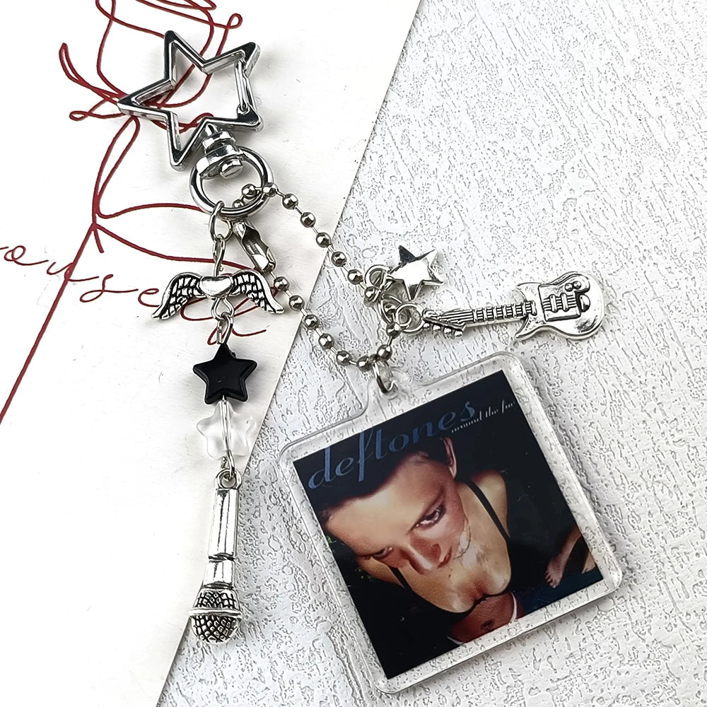 Y2K Beaded Guitar Microphone Keychain – Star Phone Charm Backpack Gift