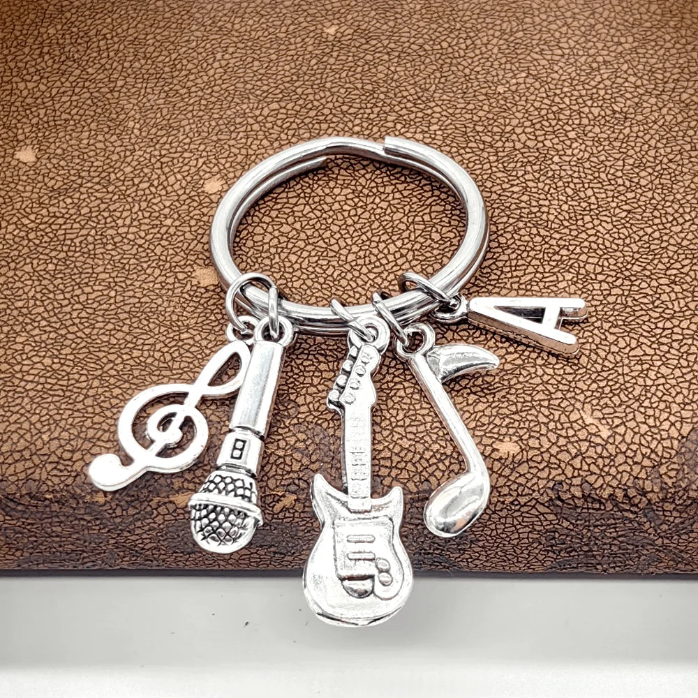 Initial Letter Music Keychain – Guitar & Microphone Rock Charm
