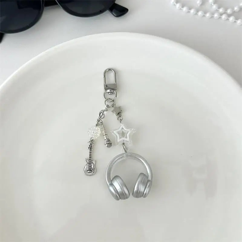 Glitter Earphone-shaped Keychain Cute Star Guitar Microphone Pendant Phone Chain Lanyard Girly Backpack Charms Bag Hanging Gifts