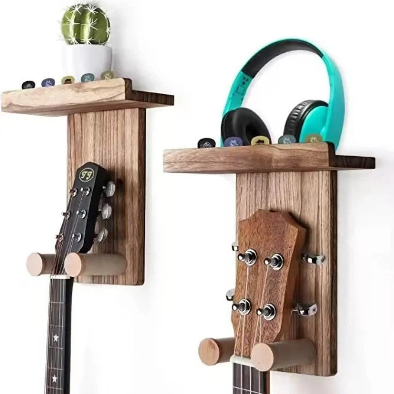 Wood Guitar Wall Hanger with Shelf & Pick Holder — Fits Acoustic, Electric & Bass